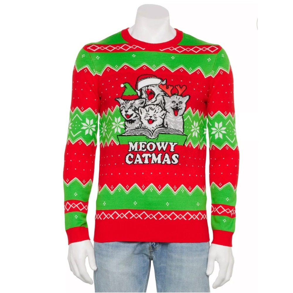 New Singing Kitty Cat Kittens Meowy Catmas Christmas Holiday Ugly Sweater‎ Men L